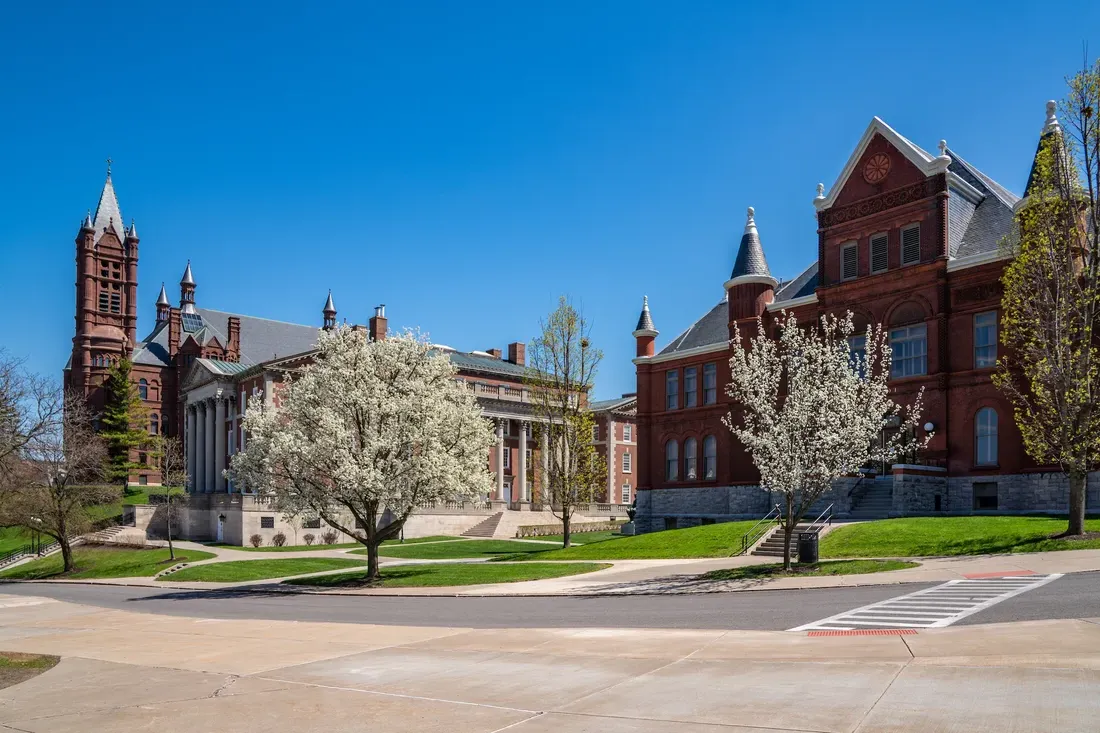 Landscape image of Syracuse University buildings.